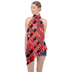 Abstract Red Black Checkered Halter Asymmetric Satin Top by SpinnyChairDesigns