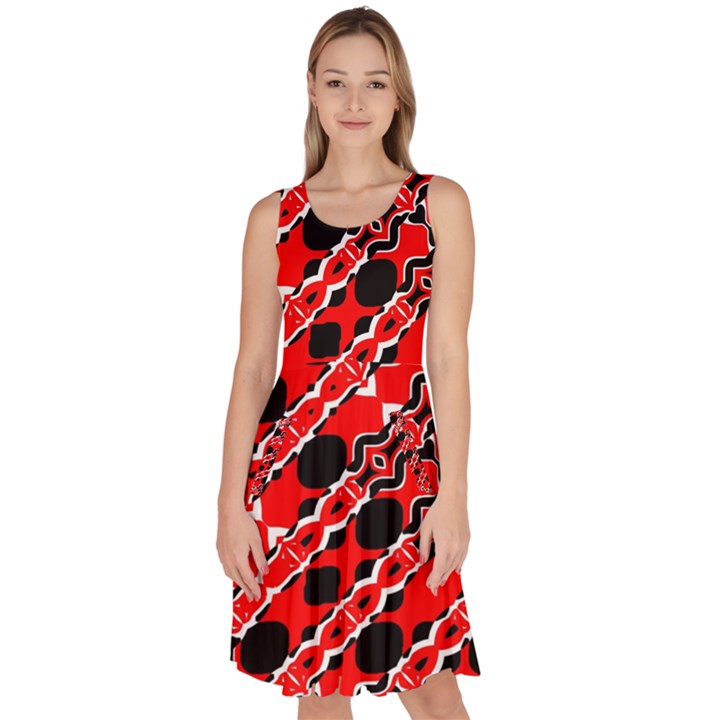 Abstract Red Black Checkered Knee Length Skater Dress With Pockets