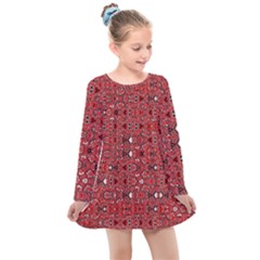 Abstract Red Black Checkered Kids  Long Sleeve Dress by SpinnyChairDesigns