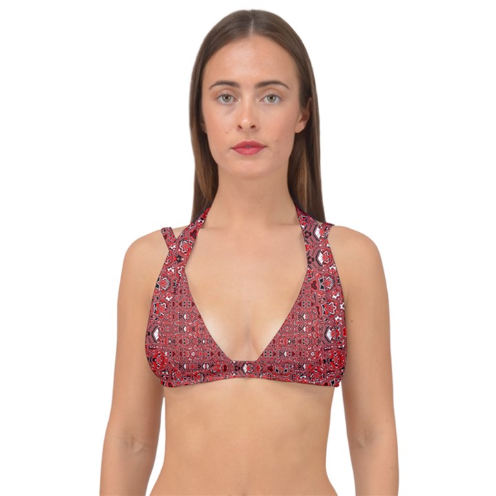 Abstract Red Black Checkered Double Strap Halter Bikini Top