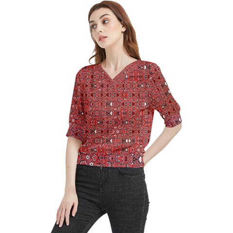 Abstract Red Black Checkered Quarter Sleeve Blouse by SpinnyChairDesigns