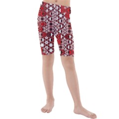 Red Black Checkered Kids  Mid Length Swim Shorts by SpinnyChairDesigns