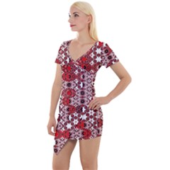 Red Black Checkered Short Sleeve Asymmetric Mini Dress by SpinnyChairDesigns