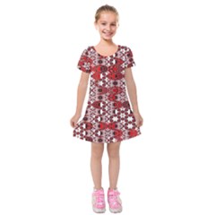 Red Black Checkered Kids  Short Sleeve Velvet Dress by SpinnyChairDesigns