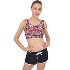 Red Black Checkered V-back Sports Bra by SpinnyChairDesigns