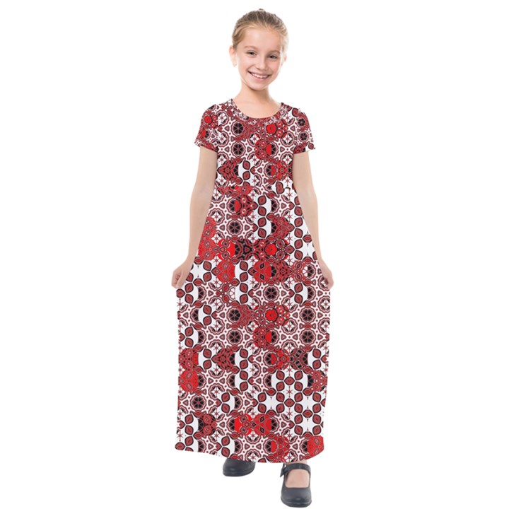 Red Black Checkered Kids  Short Sleeve Maxi Dress