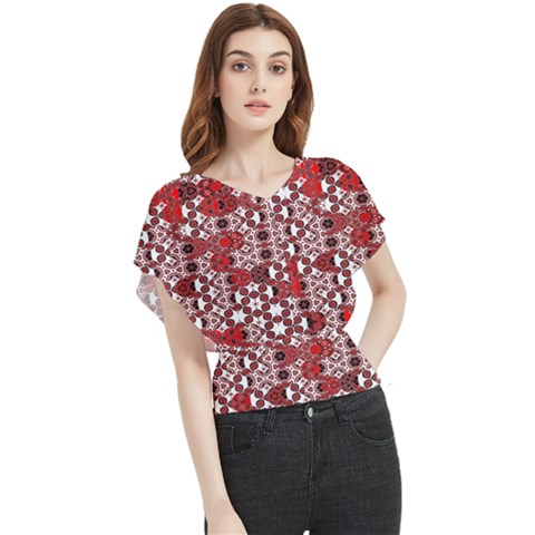 Red Black Checkered Butterfly Chiffon Blouse by SpinnyChairDesigns