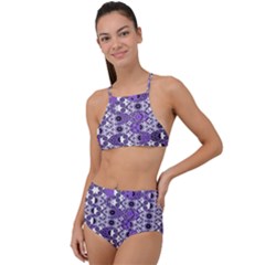 Purple Black Checkered High Waist Tankini Set