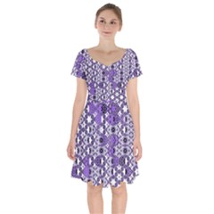 Purple Black Checkered Short Sleeve Bardot Dress by SpinnyChairDesigns