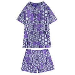 Purple Black Checkered Kids  Swim Tee And Shorts Set by SpinnyChairDesigns