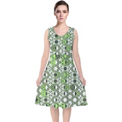 Black Lime Green Checkered V-neck Midi Sleeveless Dress  by SpinnyChairDesigns