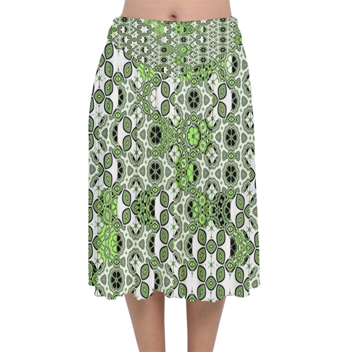 Black Lime Green Checkered Velvet Flared Midi Skirt