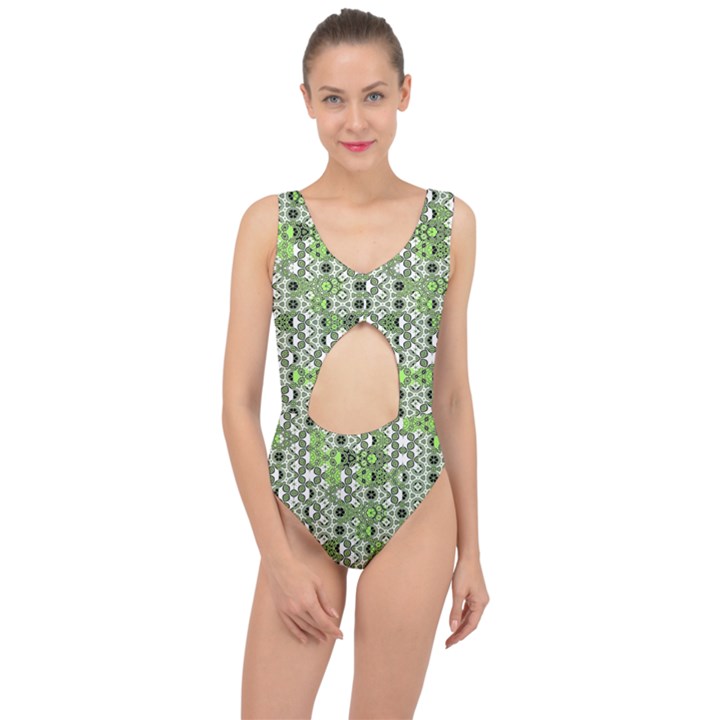 Black Lime Green Checkered Center Cut Out Swimsuit