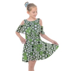 Black Lime Green Checkered Kids  Shoulder Cutout Chiffon Dress by SpinnyChairDesigns