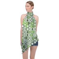 Black Lime Green Checkered Halter Asymmetric Satin Top by SpinnyChairDesigns