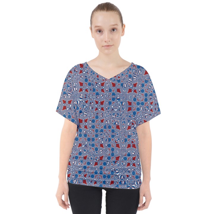 Abstract Checkered Pattern V-Neck Dolman Drape Top