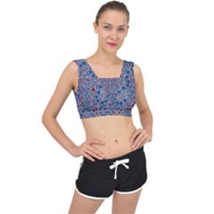 Abstract Checkered Pattern V-back Sports Bra by SpinnyChairDesigns