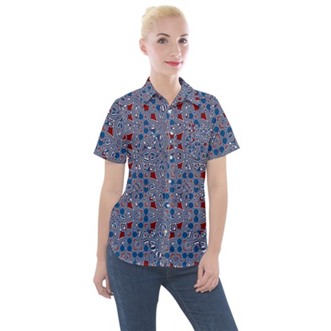 Abstract Checkered Pattern Women s Short Sleeve Pocket Shirt by SpinnyChairDesigns