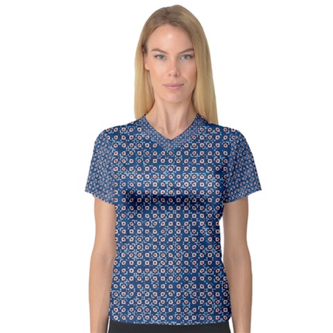 Artsy Blue Checkered V-neck Sport Mesh Tee by SpinnyChairDesigns