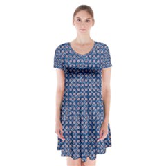 Artsy Blue Checkered Short Sleeve V-neck Flare Dress by SpinnyChairDesigns