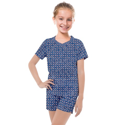 Artsy Blue Checkered Kids  Mesh Tee And Shorts Set by SpinnyChairDesigns