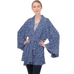 Artsy Blue Checkered Long Sleeve Velvet Kimono  by SpinnyChairDesigns