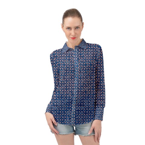 Artsy Blue Checkered Long Sleeve Chiffon Shirt by SpinnyChairDesigns