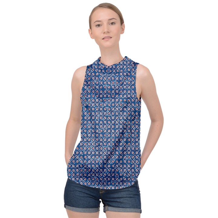 Artsy Blue Checkered High Neck Satin Top