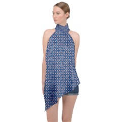 Artsy Blue Checkered Halter Asymmetric Satin Top by SpinnyChairDesigns