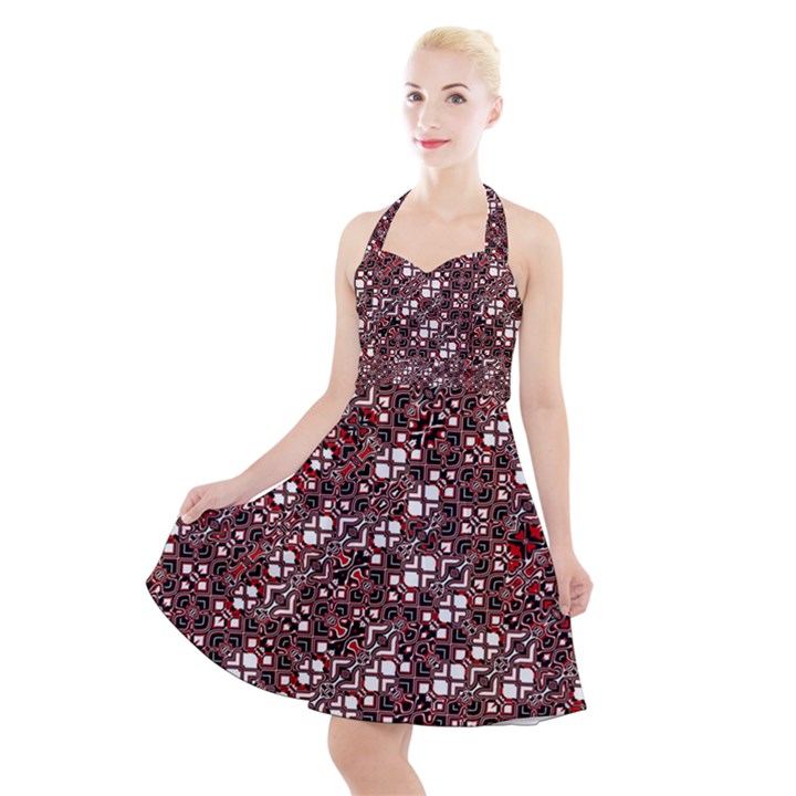 Abstract Red Black Checkered Halter Party Swing Dress 