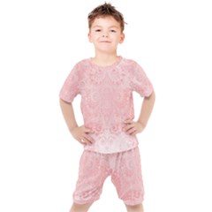 Pretty Pink Spirals Kids  Tee And Shorts Set by SpinnyChairDesigns