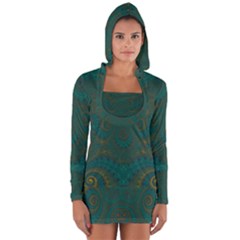 Teal Green Spirals Long Sleeve Hooded T-shirt by SpinnyChairDesigns