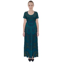 Teal Green Spirals High Waist Short Sleeve Maxi Dress by SpinnyChairDesigns