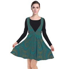 Teal Green Spirals Plunge Pinafore Dress by SpinnyChairDesigns