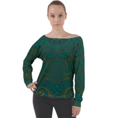 Teal Green Spirals Off Shoulder Long Sleeve Velour Top by SpinnyChairDesigns