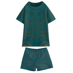 Teal Green Spirals Kids  Swim Tee And Shorts Set by SpinnyChairDesigns