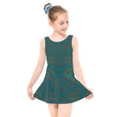 Teal Green Spirals Kids  Skater Dress Swimsuit by SpinnyChairDesigns