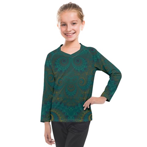 Teal Green Spirals Kids  Long Mesh Tee by SpinnyChairDesigns