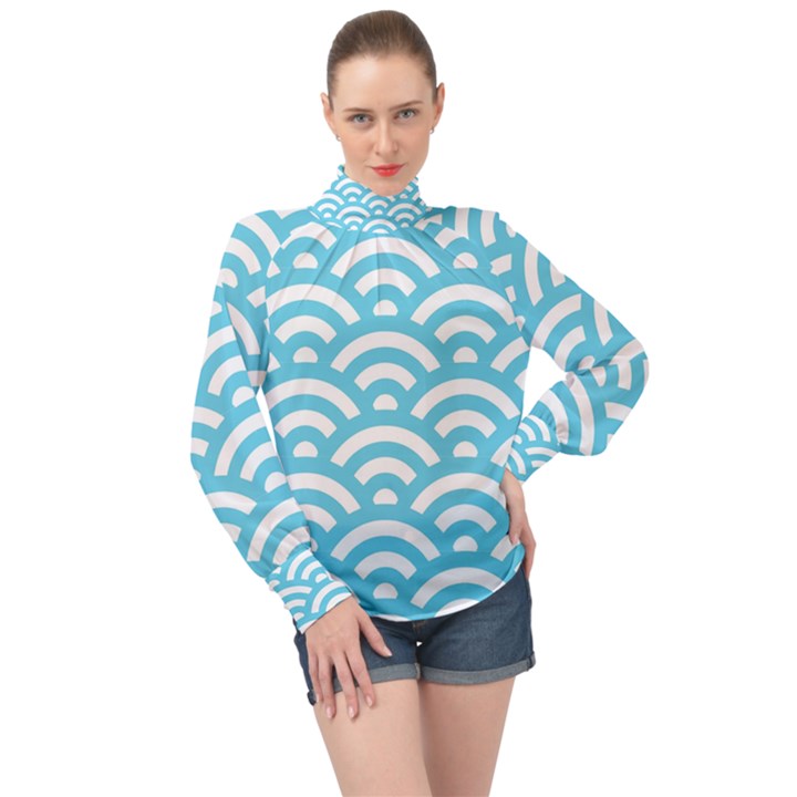 Waves High Neck Long Sleeve Chiffon Top