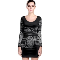 6-white-line-black-background-classic-car-original-handmade-drawing-pablo-franchi Long Sleeve Bodycon Dress