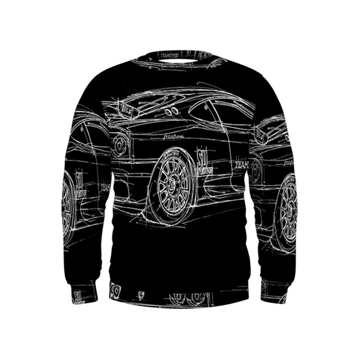 6-white-line-black-background-classic-car-original-handmade-drawing-pablo-franchi Kids  Sweatshirt