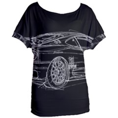 6-white-line-black-background-classic-car-original-handmade-drawing-pablo-franchi Women s Oversized Tee by blackdaisy