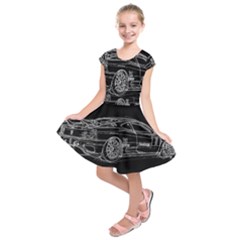 6-white-line-black-background-classic-car-original-handmade-drawing-pablo-franchi Kids  Short Sleeve Dress by blackdaisy