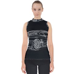 6-white-line-black-background-classic-car-original-handmade-drawing-pablo-franchi Mock Neck Shell Top