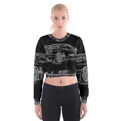 6-white-line-black-background-classic-car-original-handmade-drawing-pablo-franchi Cropped Sweatshirt by blackdaisy