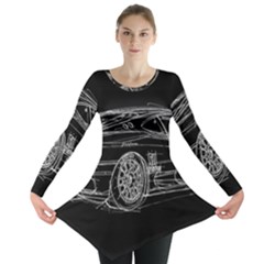 6-white-line-black-background-classic-car-original-handmade-drawing-pablo-franchi Long Sleeve Tunic 