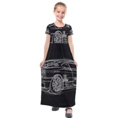 6-white-line-black-background-classic-car-original-handmade-drawing-pablo-franchi Kids  Short Sleeve Maxi Dress by blackdaisy