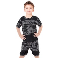 6-white-line-black-background-classic-car-original-handmade-drawing-pablo-franchi Kids  Tee And Shorts Set by blackdaisy