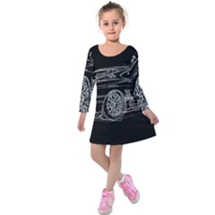 6-white-line-black-background-classic-car-original-handmade-drawing-pablo-franchi Kids  Long Sleeve Velvet Dress by blackdaisy