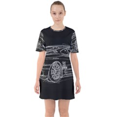 6-white-line-black-background-classic-car-original-handmade-drawing-pablo-franchi Sixties Short Sleeve Mini Dress